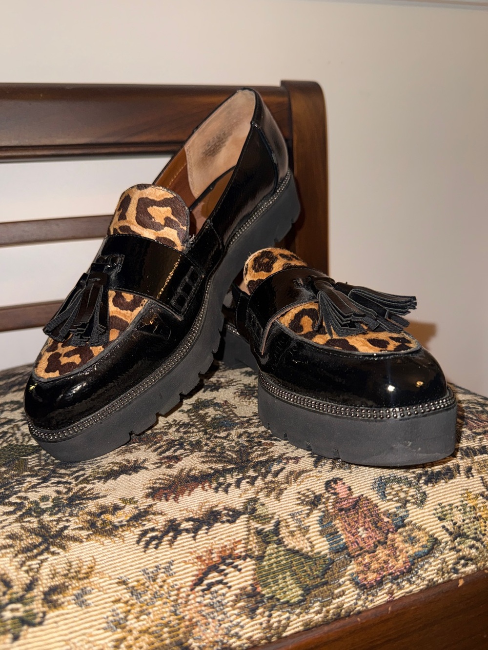Franco Sarto Black Patent Leather Loafers with Leopard Print - Picture 9 of 14